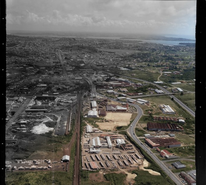 Penrose industrial area, Penrose Railway Station, Great South Road, Penrose Road bridge, Southern Motorway, Auckland