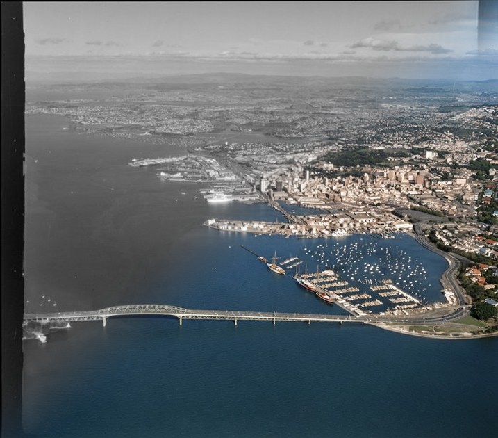 Auckland wharves, including Auckland Harbour Bridge in the foreground