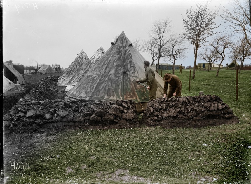 Camouflaging army tents during World War I, France