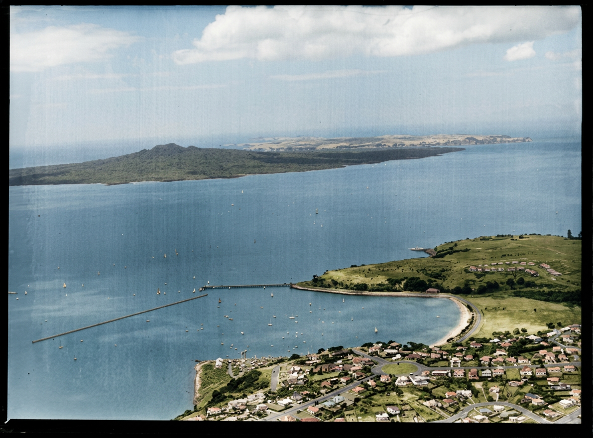 AI colourised photograph: Okahu Bay, Orakei, looking out towards Rangitoto Island, Auckland