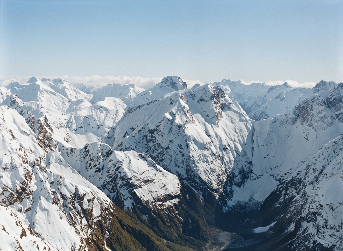 AI colourised photograph: Mountains between Mt Aspiring and Milford Sound, Mt Pembroke in the centre