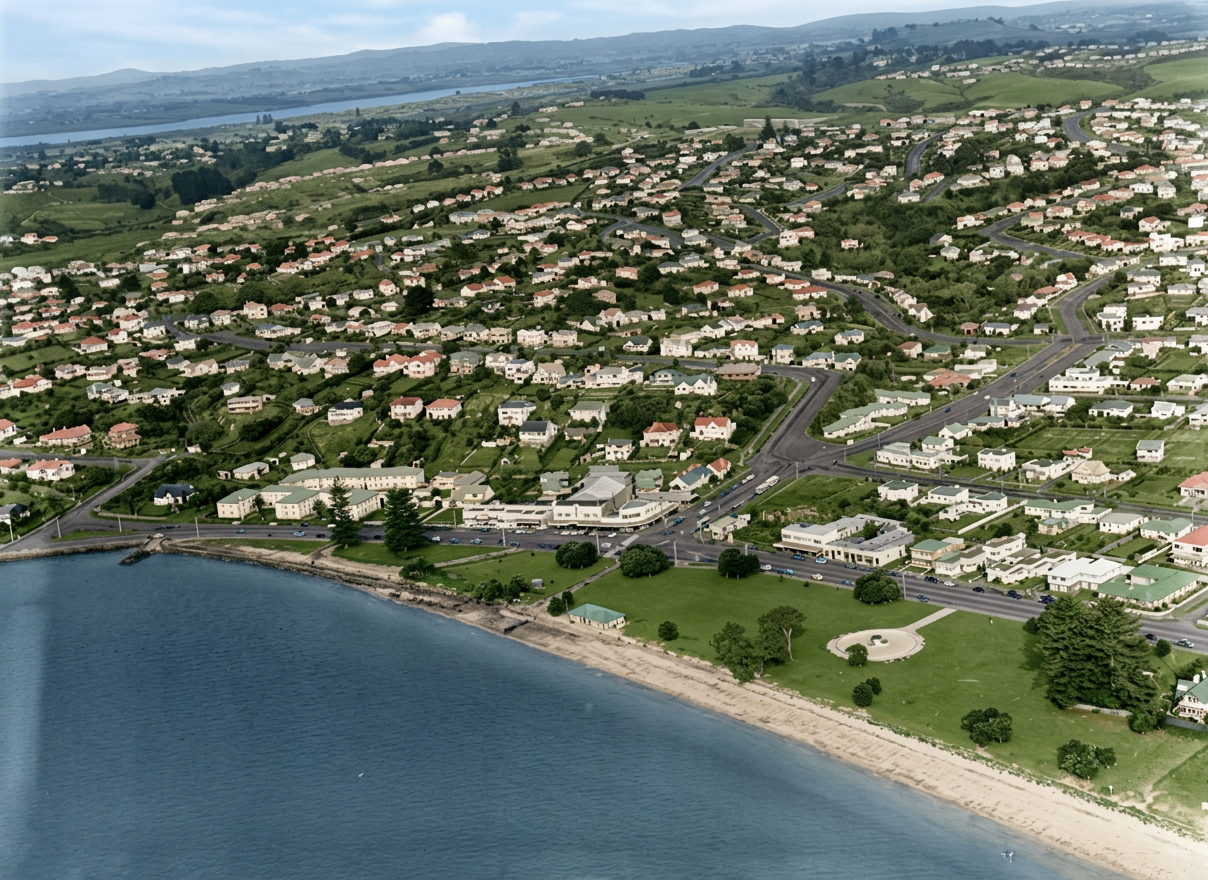 AI colourised photograph: Mission Bay with Tamaki Drive looking south, Auckland City