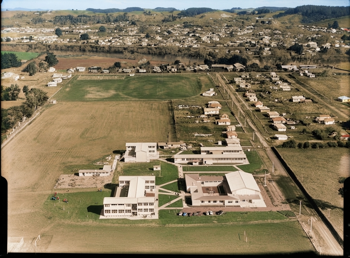 AI colourised photograph: Ngaruawahia High School and playing field, Ngaruawahia