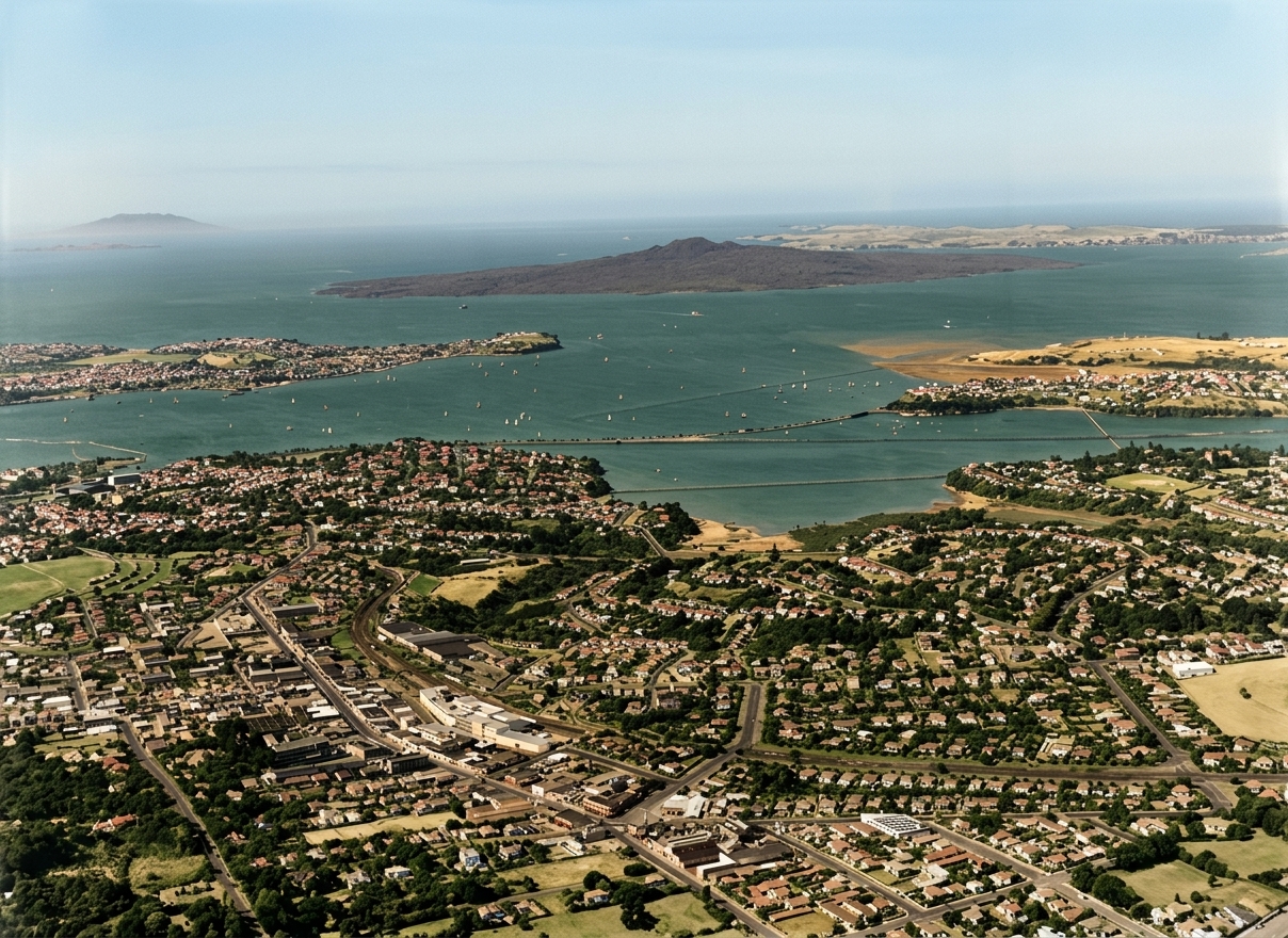 AI colourised photograph: Newmarket and Harbour, Auckland, including Devonport and Rangitoto Island