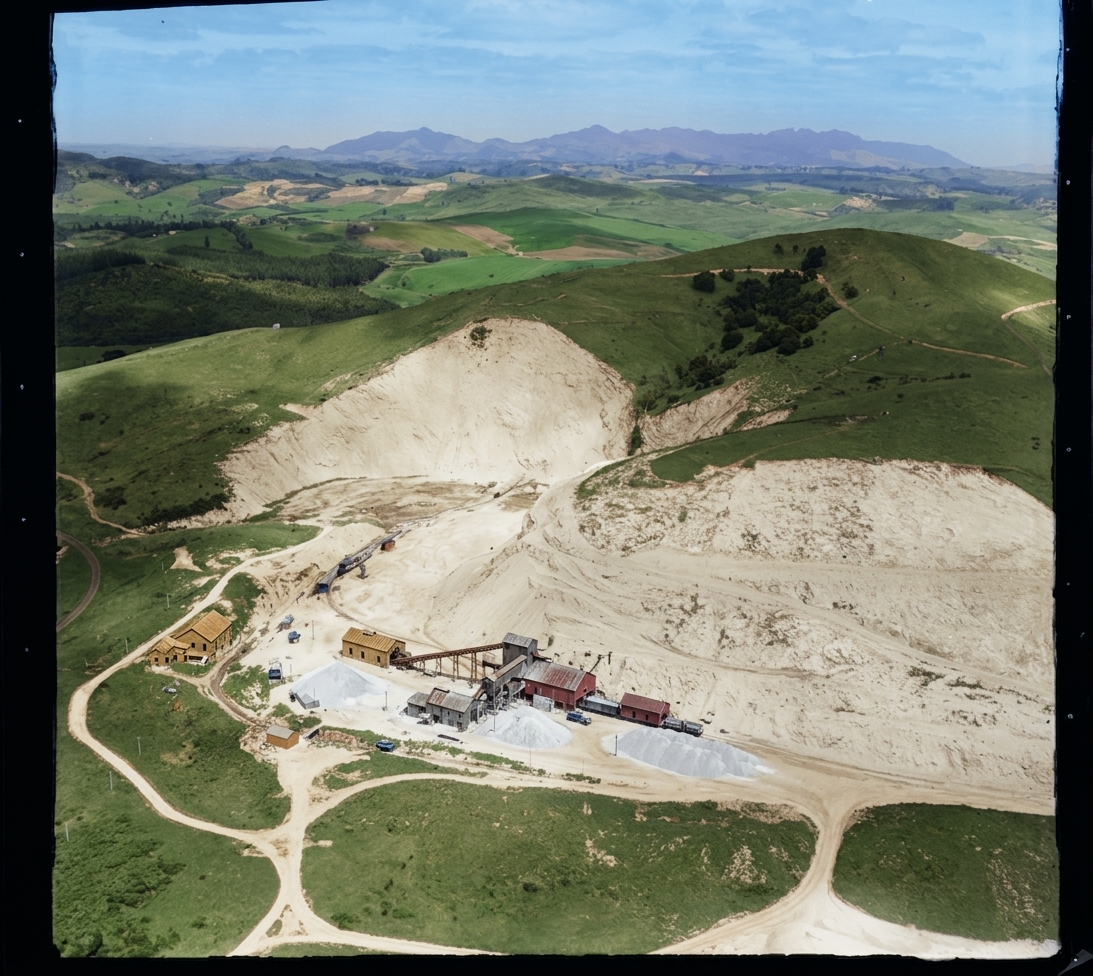 AI colourised photograph: Portland Cement Works limestone quarry with earth digging equipment and railway, Northland