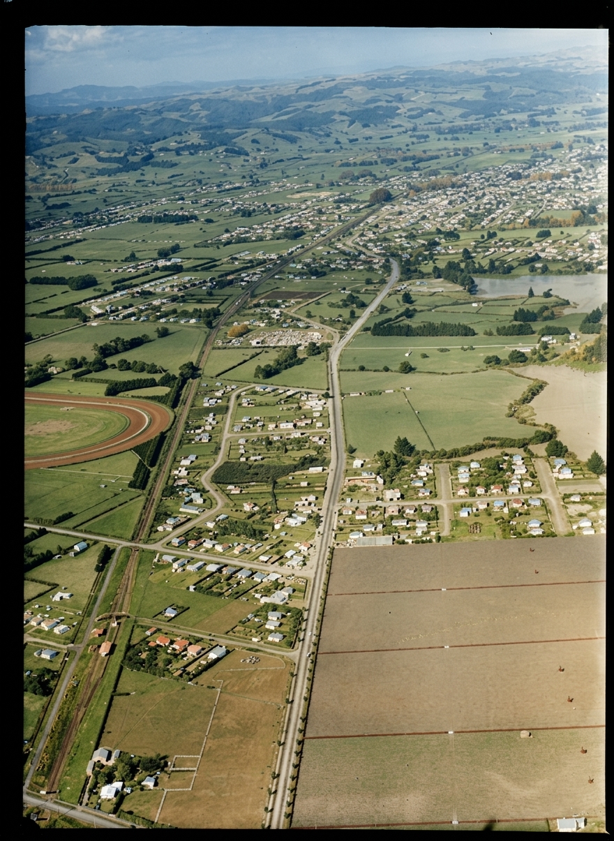 AI colourised photograph: Papakura, Auckland, showing Southern Motorway and surrounding area