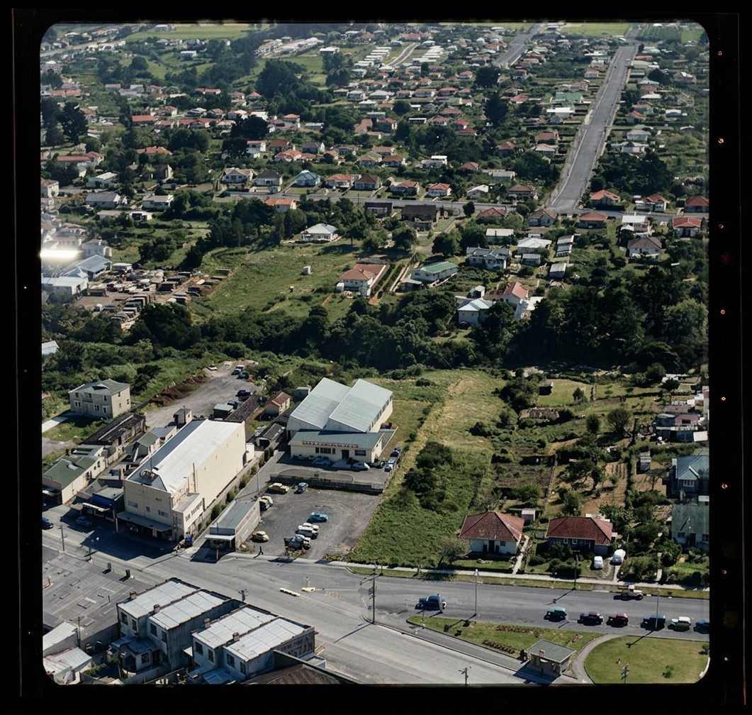 AI colourised photograph: Dowd Associates Limited and Delta Theatre, Great North Road, New Lynn, Waitakere City, Auckland