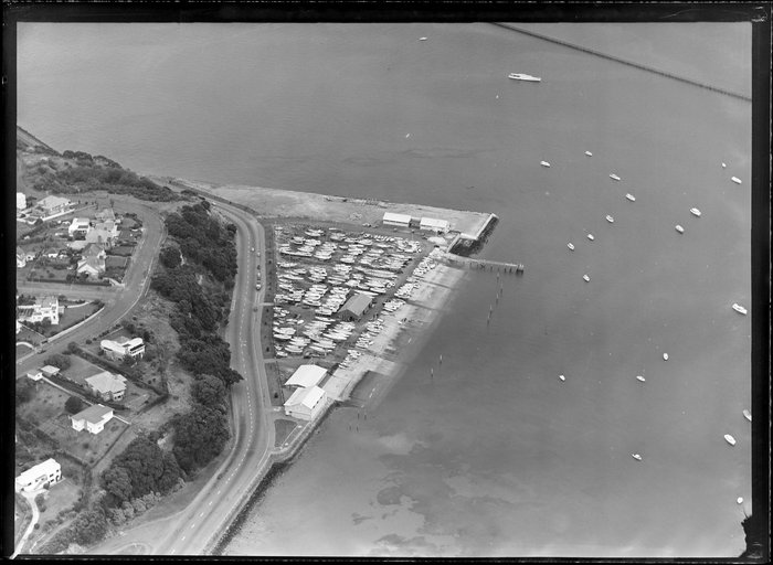 Original photograph: Okahu Bay, Auckland, showing Royal Akarana Yacht Club besides Tamaki Drive and Paritai Drive
