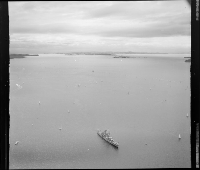 Original photograph: A yacht race on the Waitemata Harbour, Auckland Regatta event, with warship