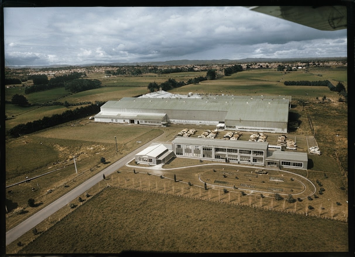 AI colourised photograph: Alcan Industries Aluminium Factory, Wiri, Manukau City, Auckland