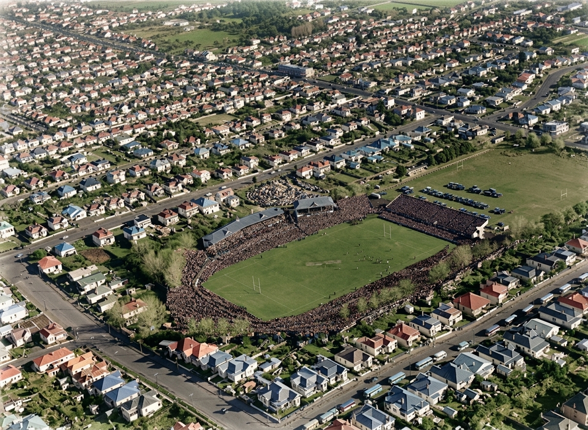 AI colourised photograph: 1956 Springbok rugby union football tour, match between Springbok and Auckland, Eden Park, Auckland