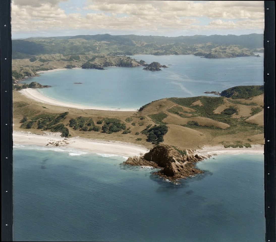 AI colourised photograph: Rimariki Islands, Mimiwhangata Coastal Reserve, Northland