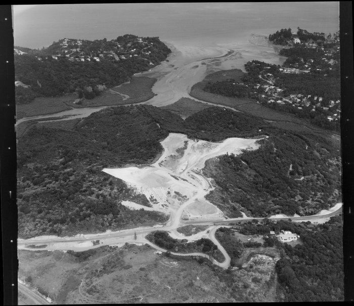 Original photograph: Laingholm, Waitakere City, featuring quarry [sandstone? A B Bricks Limited?], and including Laingholm Bay and South Titirangi