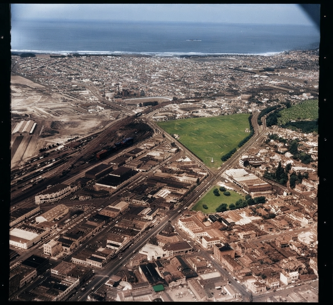 AI colourised photograph: Dunedin City, with St Clair Beach in distance