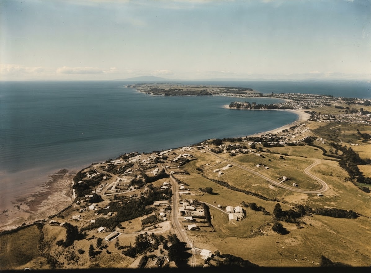 AI colourised photograph: Stanmore Bay, Auckland