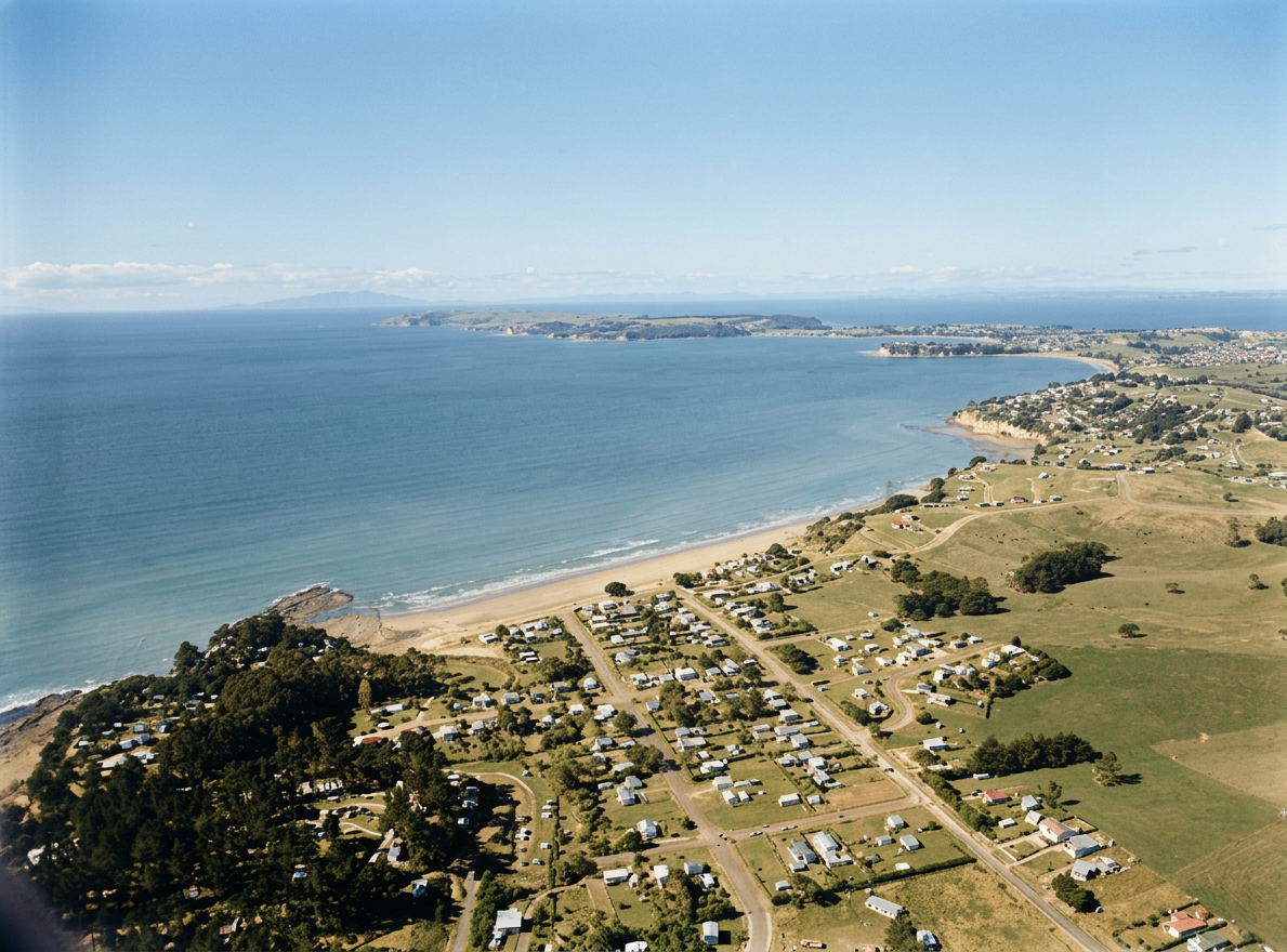 AI colourised photograph: Red Beach, Rodney district, Auckland
