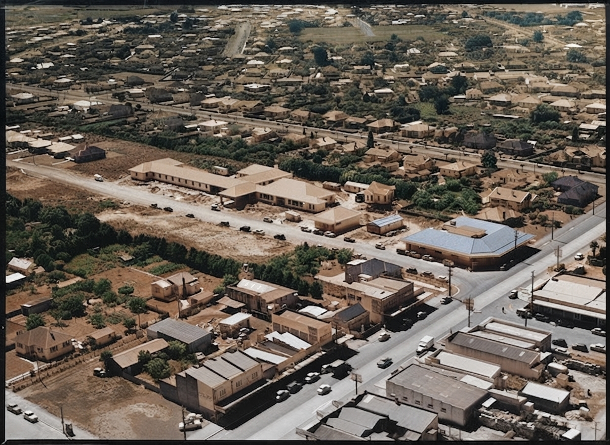 AI colourised photograph: Papatoetoe, Manukau, Auckland, with Papatoetoe Hotel under construction