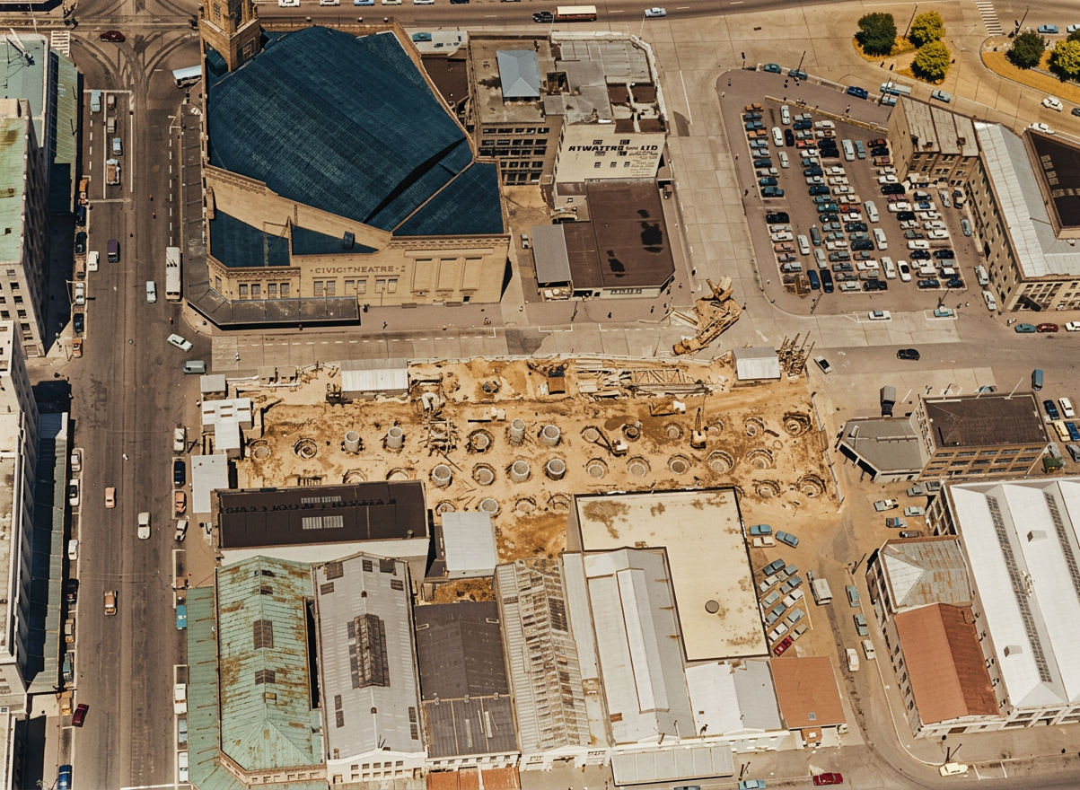 AI colourised photograph: Auckland Civic Centre under construction by Williams Construction Company, Auckland City