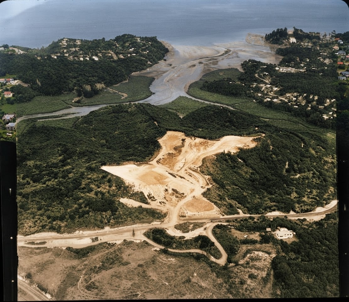 AI colourised photograph: Laingholm, Waitakere City, featuring quarry [sandstone? A B Bricks Limited?], and including Laingholm Bay and South Titirangi