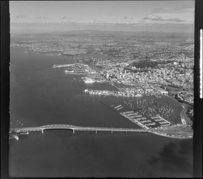 Original photograph: Auckland wharves, including Auckland Harbour Bridge in the foreground