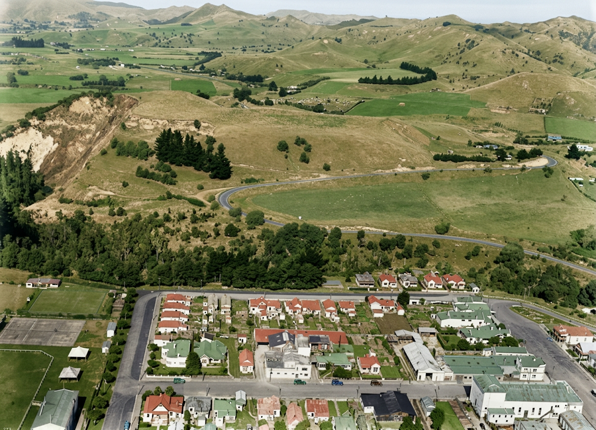 AI colourised photograph: Taihape, Rangitikei district, showing houses and commercial premises including Cascade Brewery