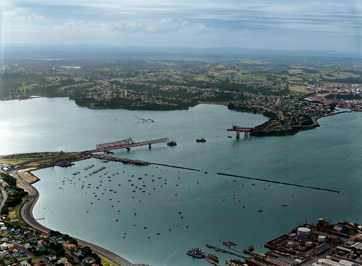 AI colourised photograph: Auckland Harbour Bridge under construction, including Westhaven Marina and Northcote in the distance
