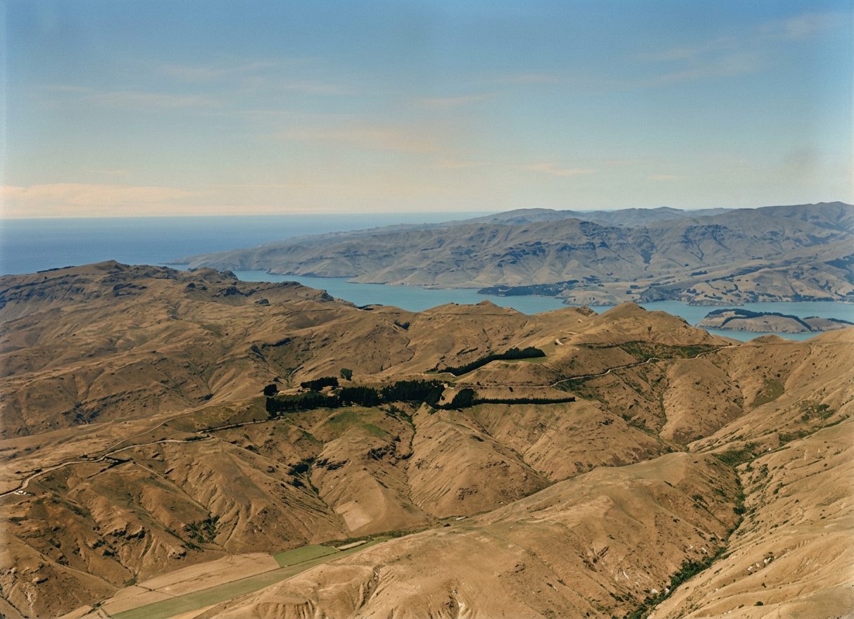 AI colourised photograph: Port Hills, Christchurch