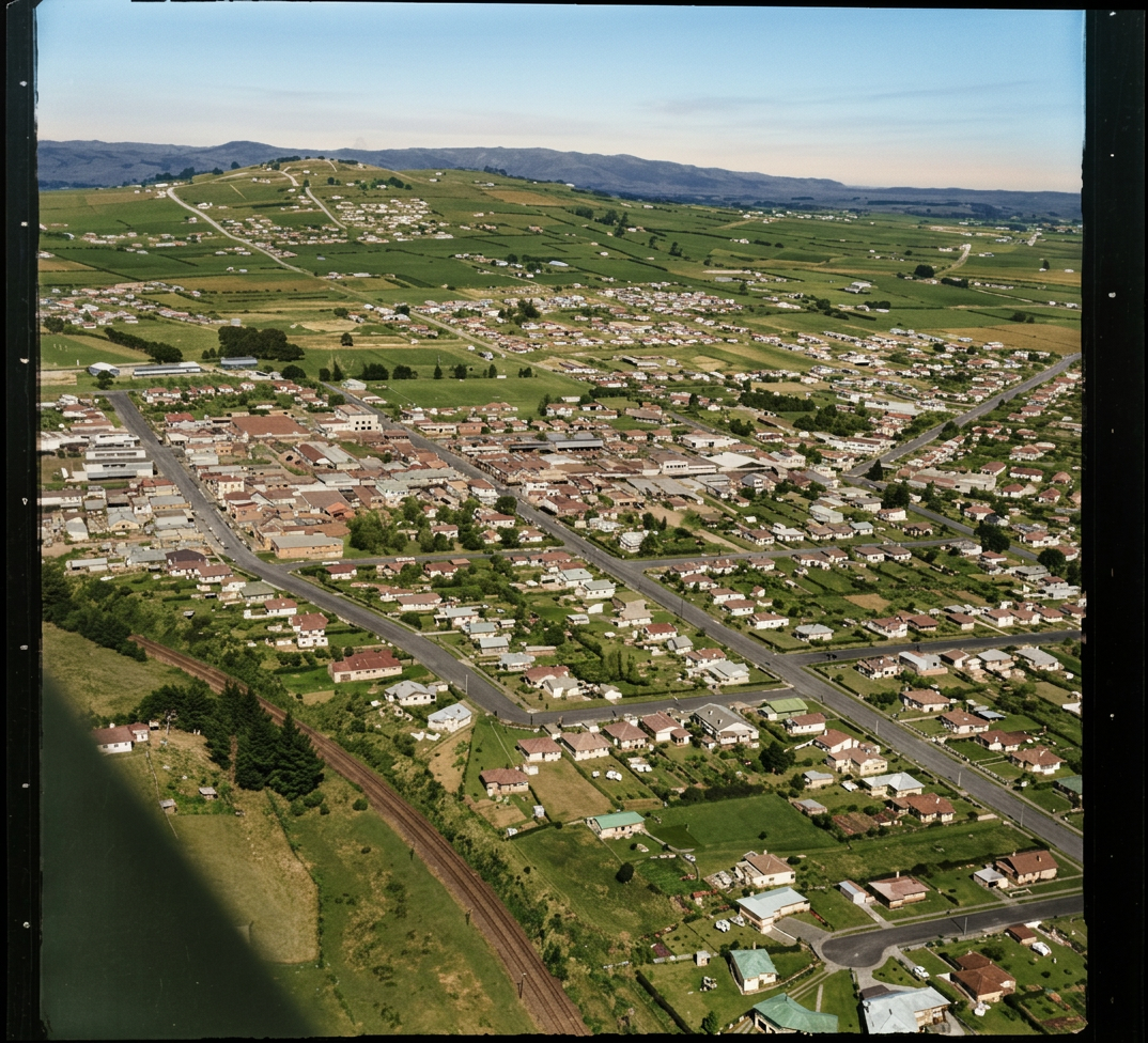 AI colourised photograph: Pukekohe, Auckland, including houses and business premises