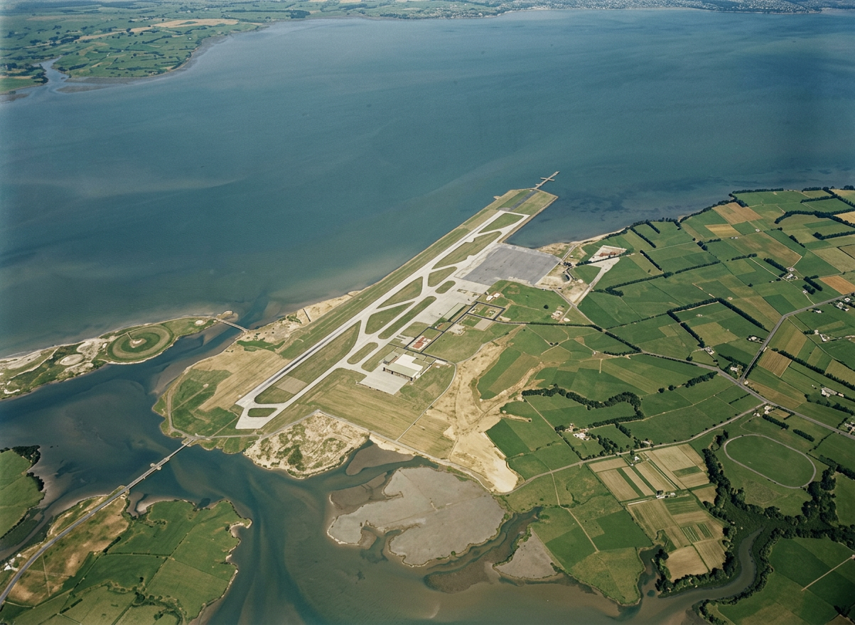 AI colourised photograph: Auckland Airport, Mangere, for Wilsons (NZ) Portland Cement Ltd