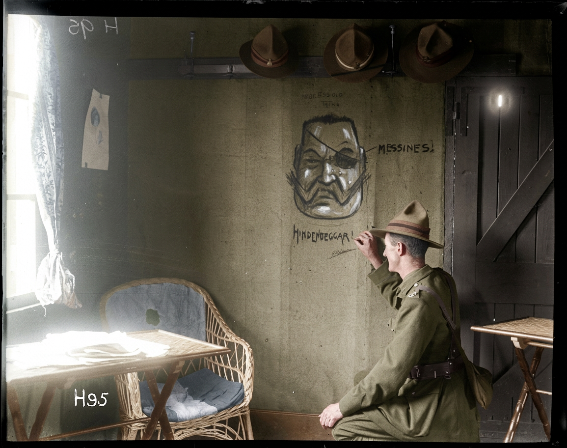 AI colourised photograph: The New Zealand unofficial cartoonist (Lieutenant G. Pat Hanna) enlivens the walls of the officers club