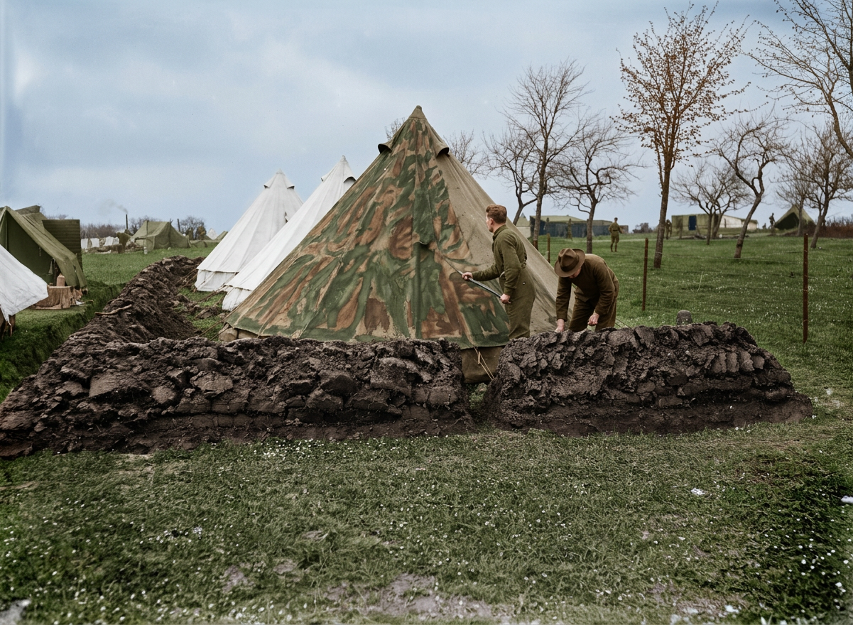 AI colourised photograph: Camouflaging army tents during World War I, France