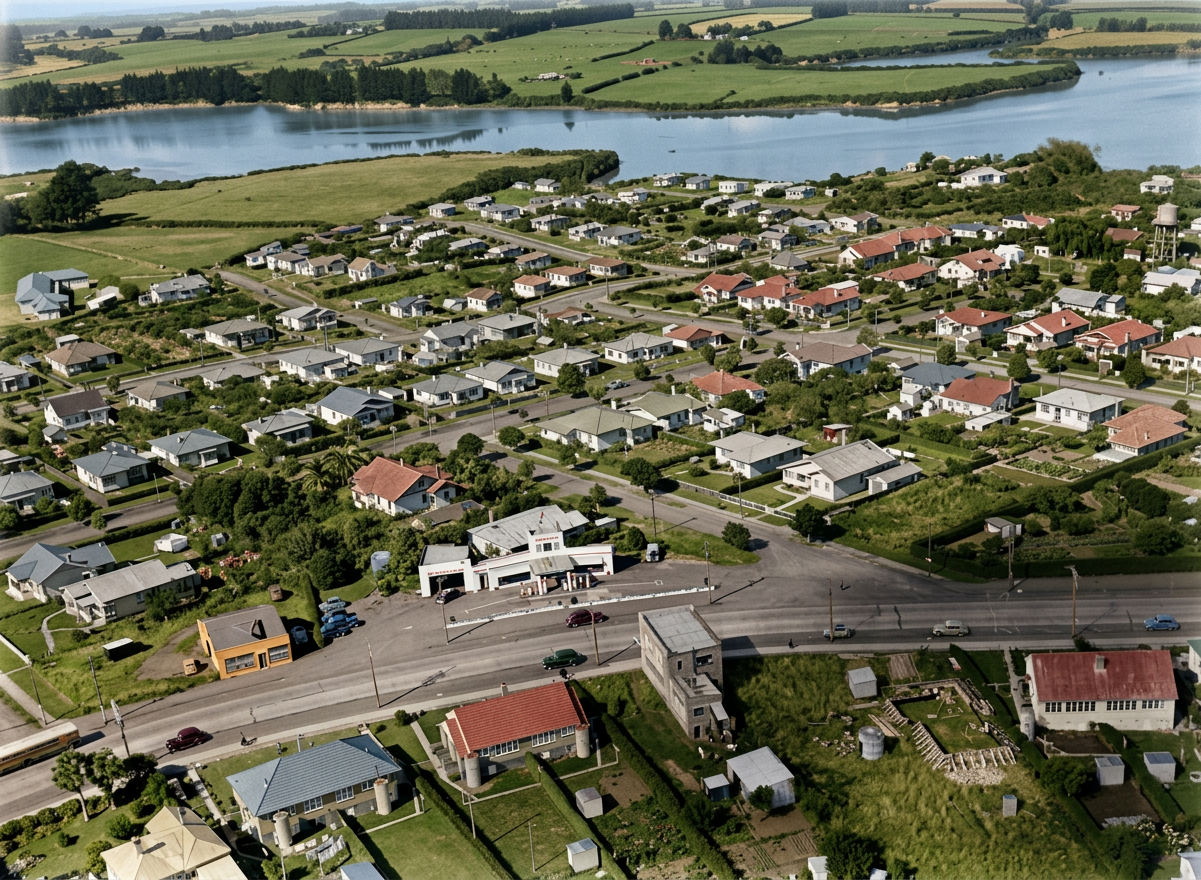 AI colourised photograph: Otahuhu, Auckland, houses and business premises including Knight's petrol station