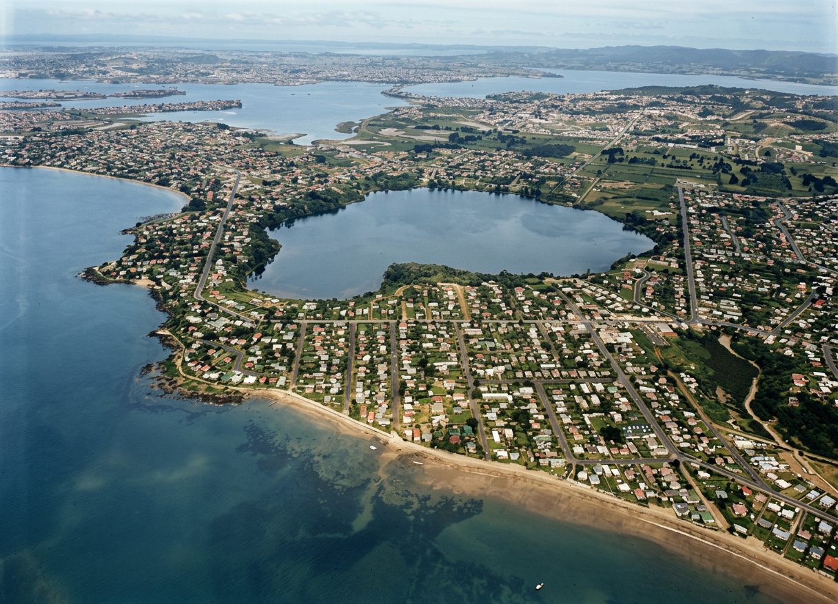 AI colourised photograph: Takapuna, Auckland