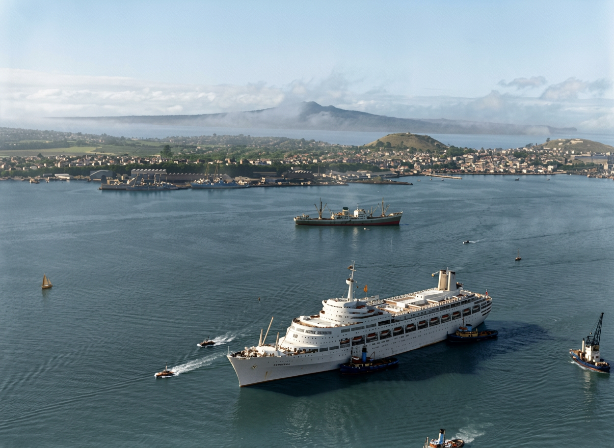 AI colourised photograph: The passenger ship Canberra on Waitemata Harbour, Auckland