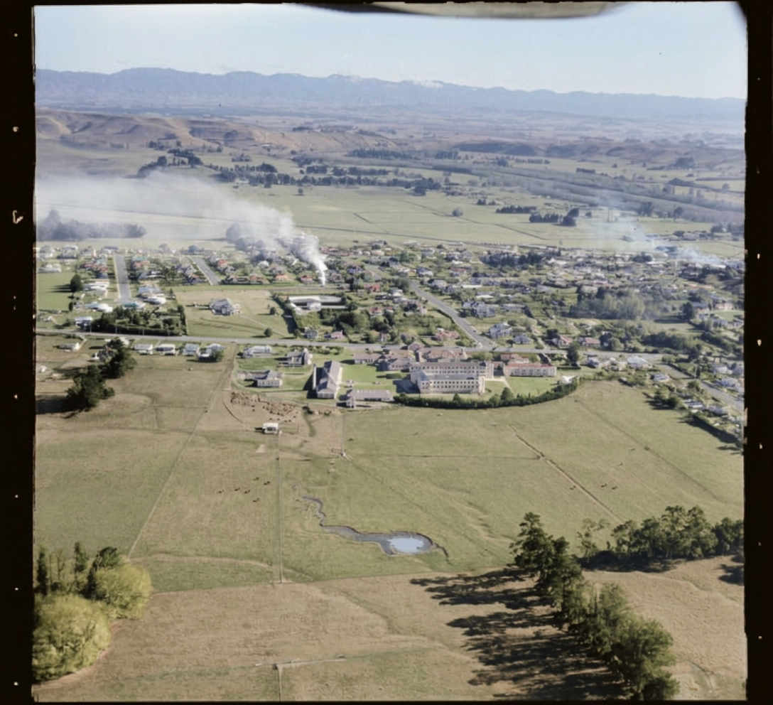 AI colourised photograph: Waipukurau, Central Hawkes Bay District, featuring Waipukurau Hospital