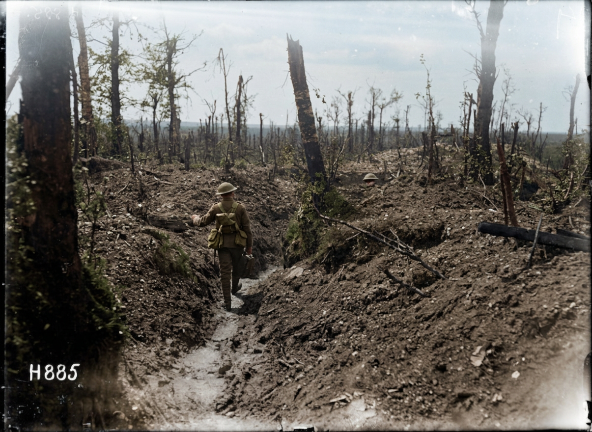 AI colourised photograph: Taking water to the front line in World War I, Rossignol Wood, France