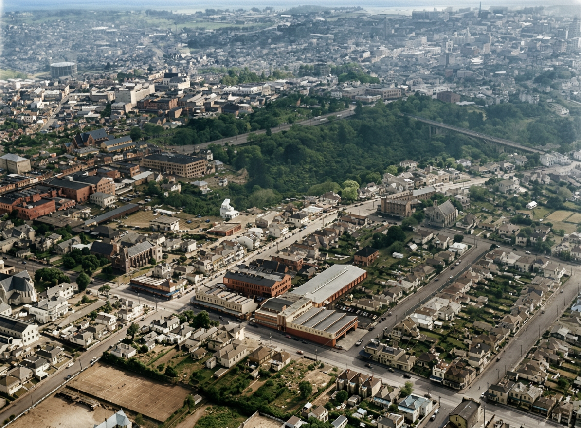 AI colourised photograph: Four Square building on Khyber Pass Road with Grafton Street Bridge and Auckland City centre beyond