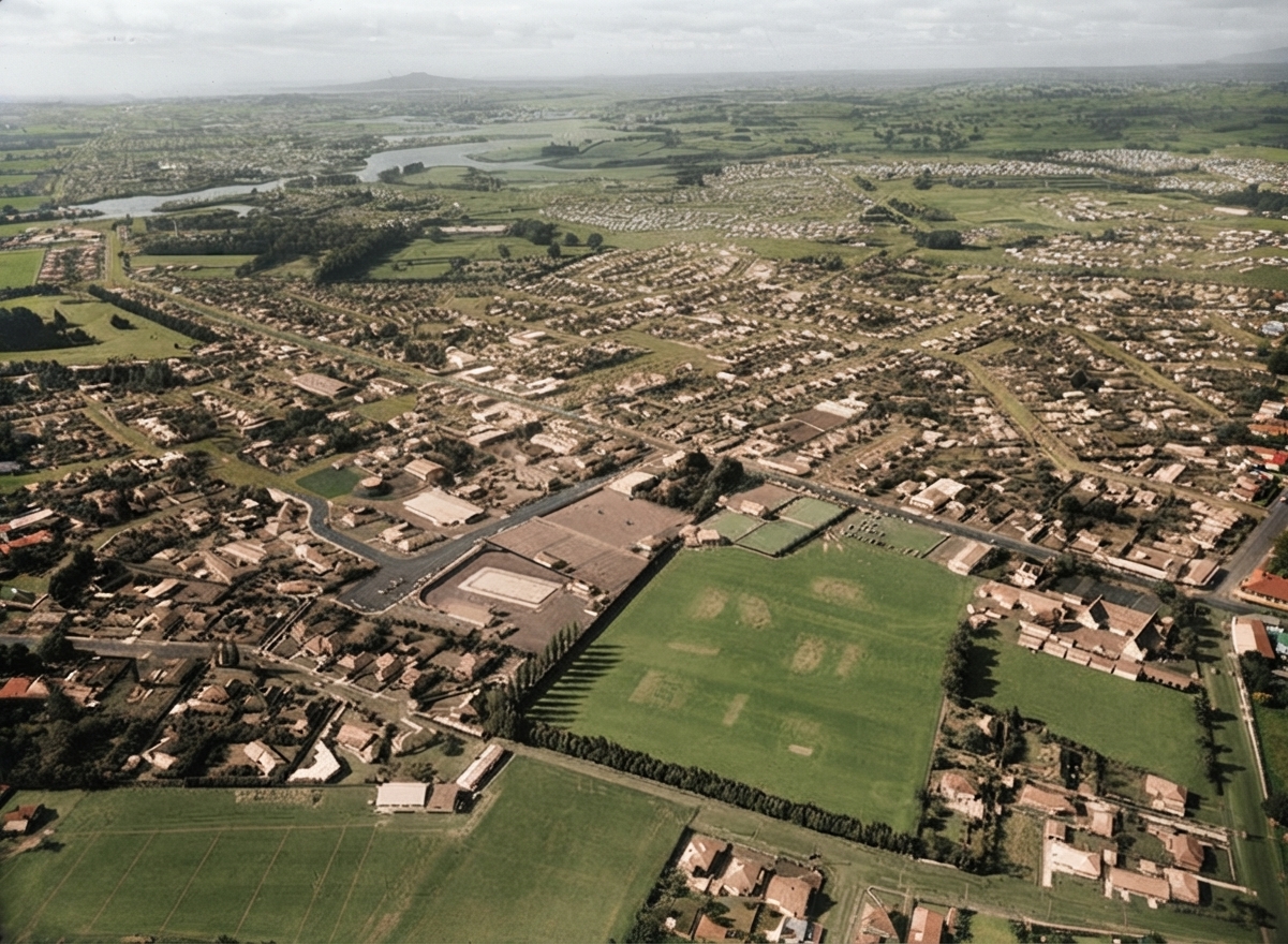 AI colourised photograph: Papatoetoe, Mangere East, Auckland