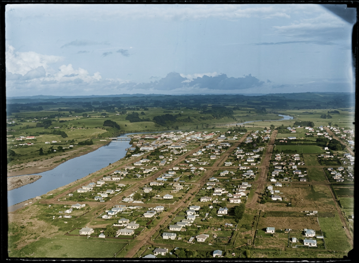 AI colourised photograph: Waitara River, Waitara, Taranaki