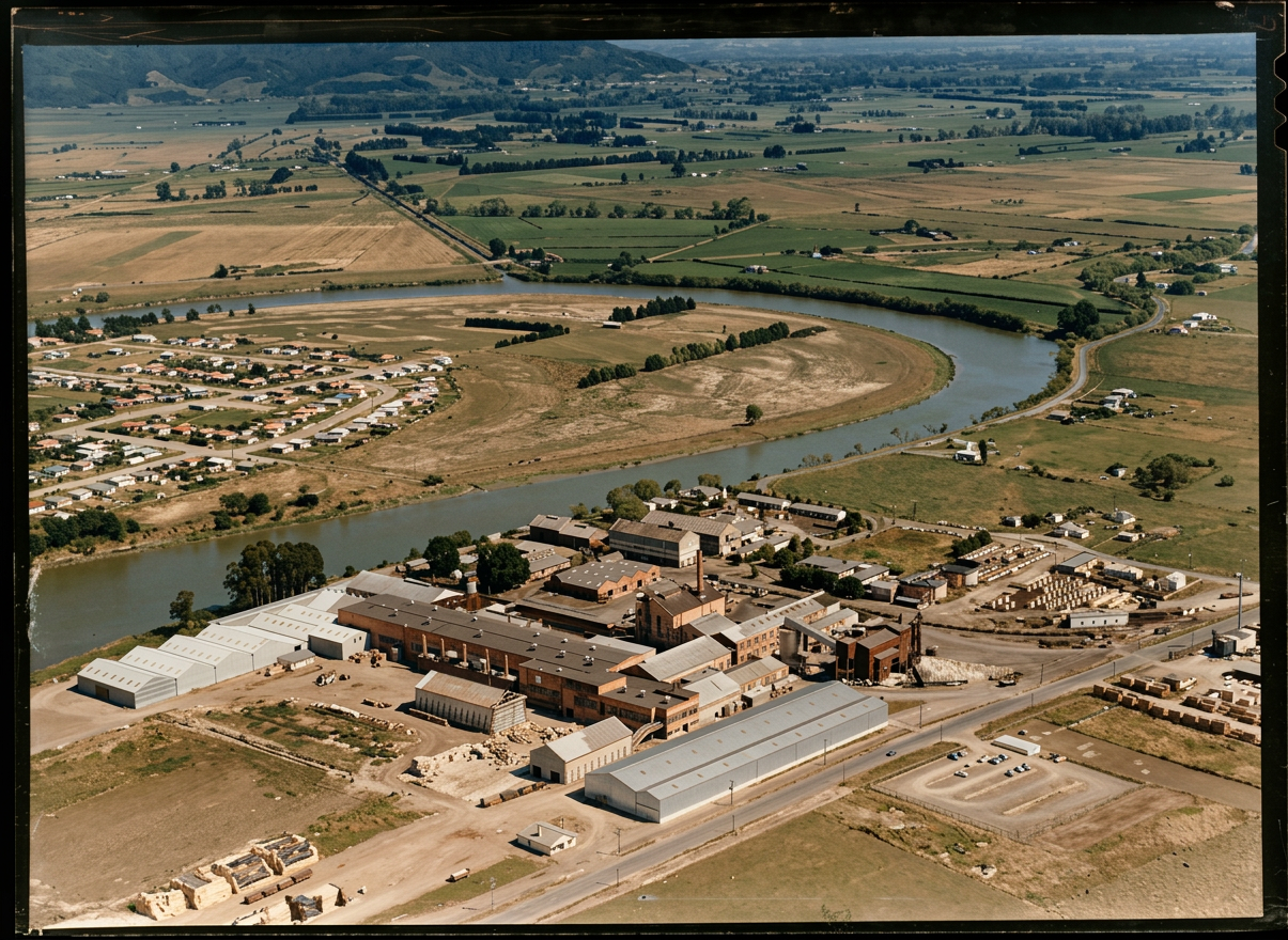 AI colourised photograph: NZ Forest Products Ltd, Whakatane, Bay of Plenty