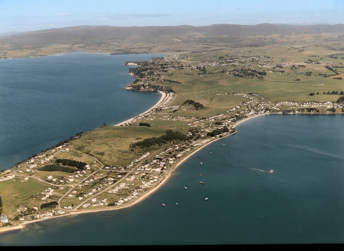 AI colourised photograph: Bucklands and Eastern Beaches, Auckland