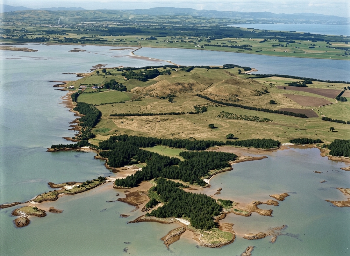 AI colourised photograph: Puketutu Island, Manukau Harbour, Auckland Region