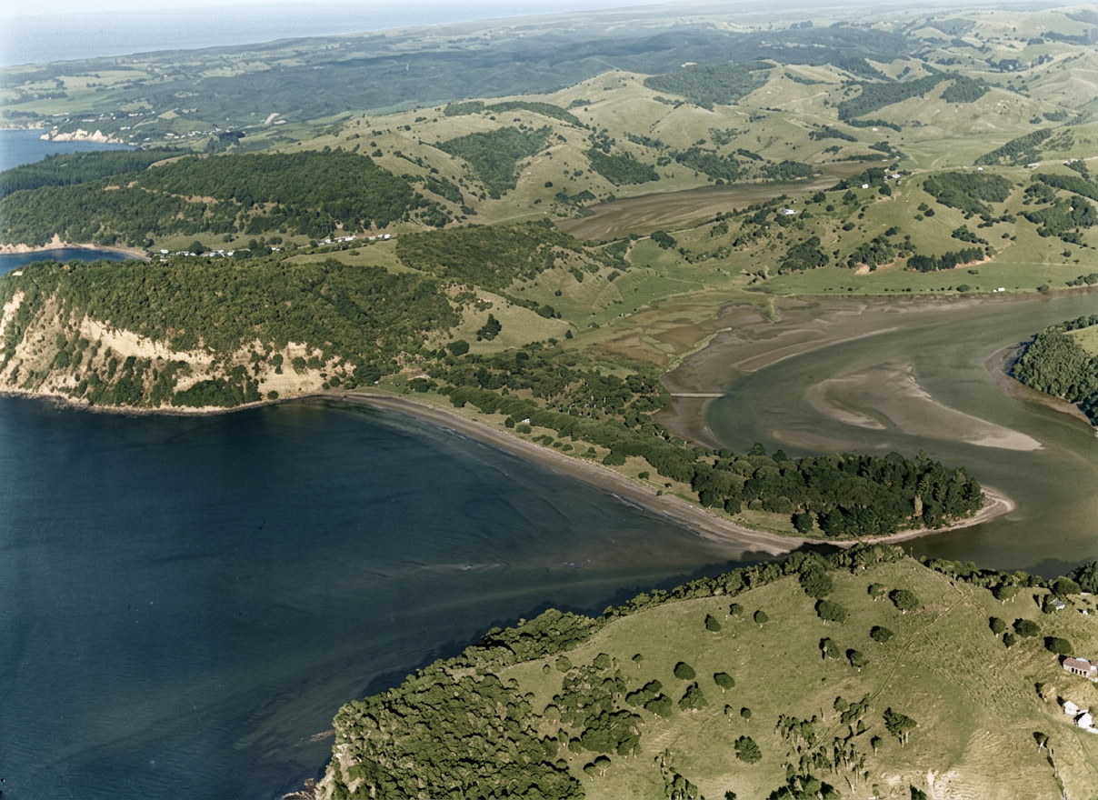 AI colourised photograph: Puhoi River mouth, Rodney District