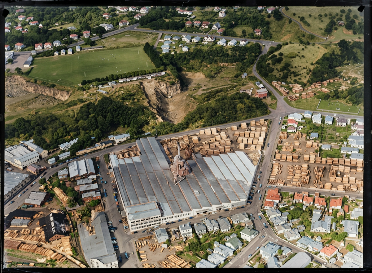 AI colourised photograph: Mount Eden, Auckland, includes Henderson and Pollard timber manufacturing plant and housing