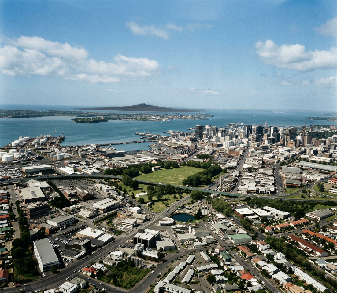 AI colourised photograph: Northern Motorway, Saint Marys Bay, Auckland
