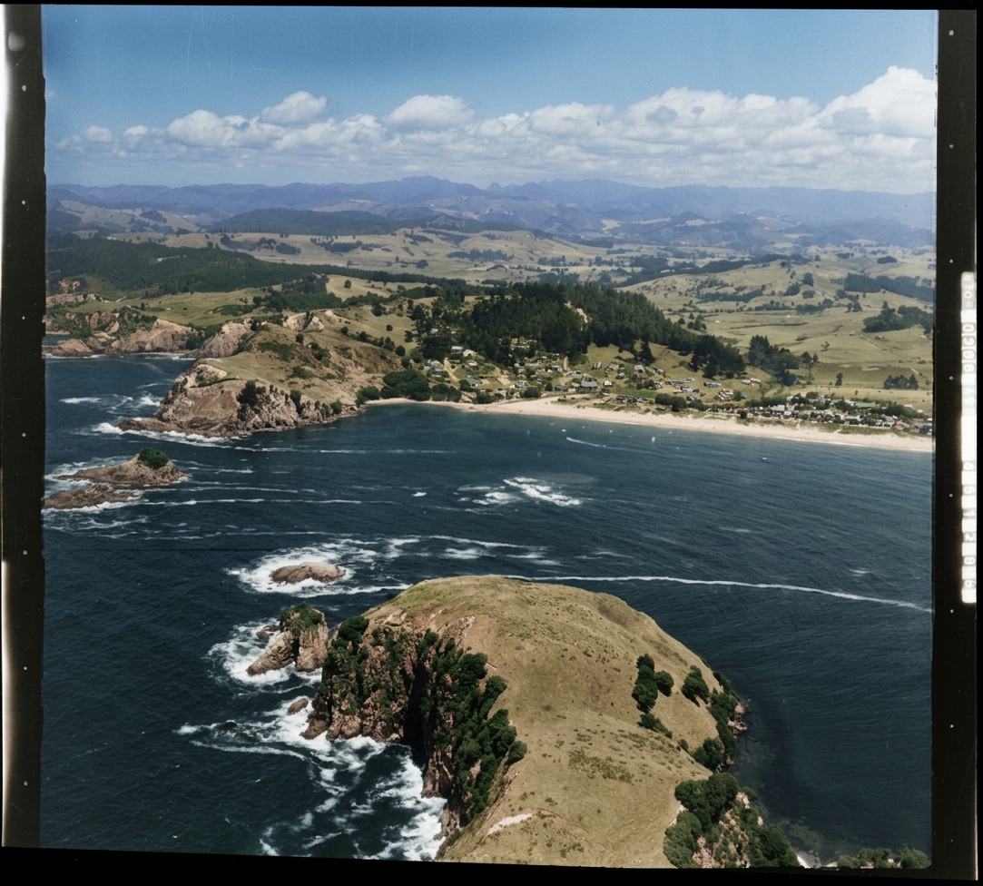 AI colourised photograph: Hahei, Thames-Coromandel district
