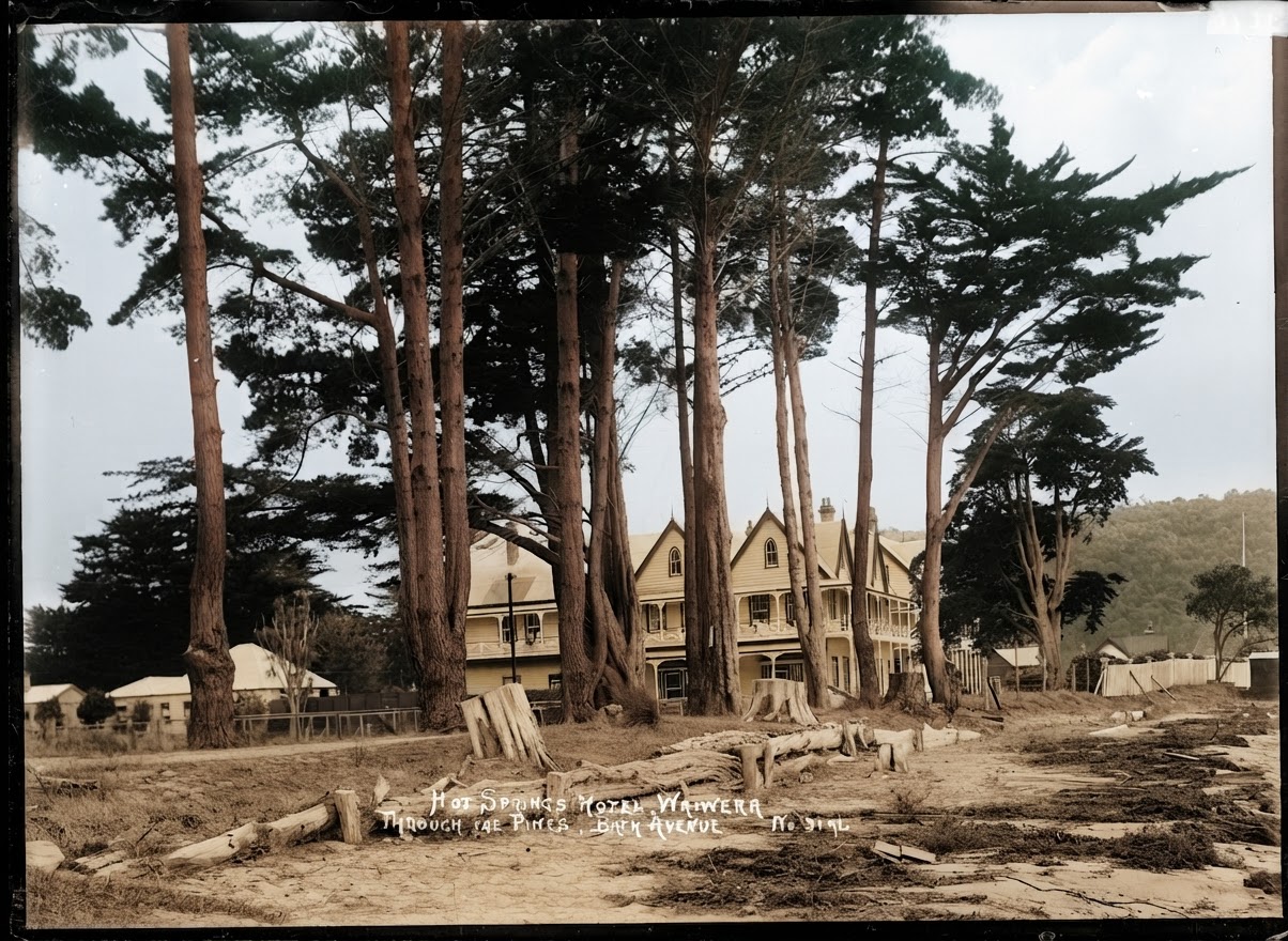 AI colourised photograph: Hot Springs Hotel, Waiwera