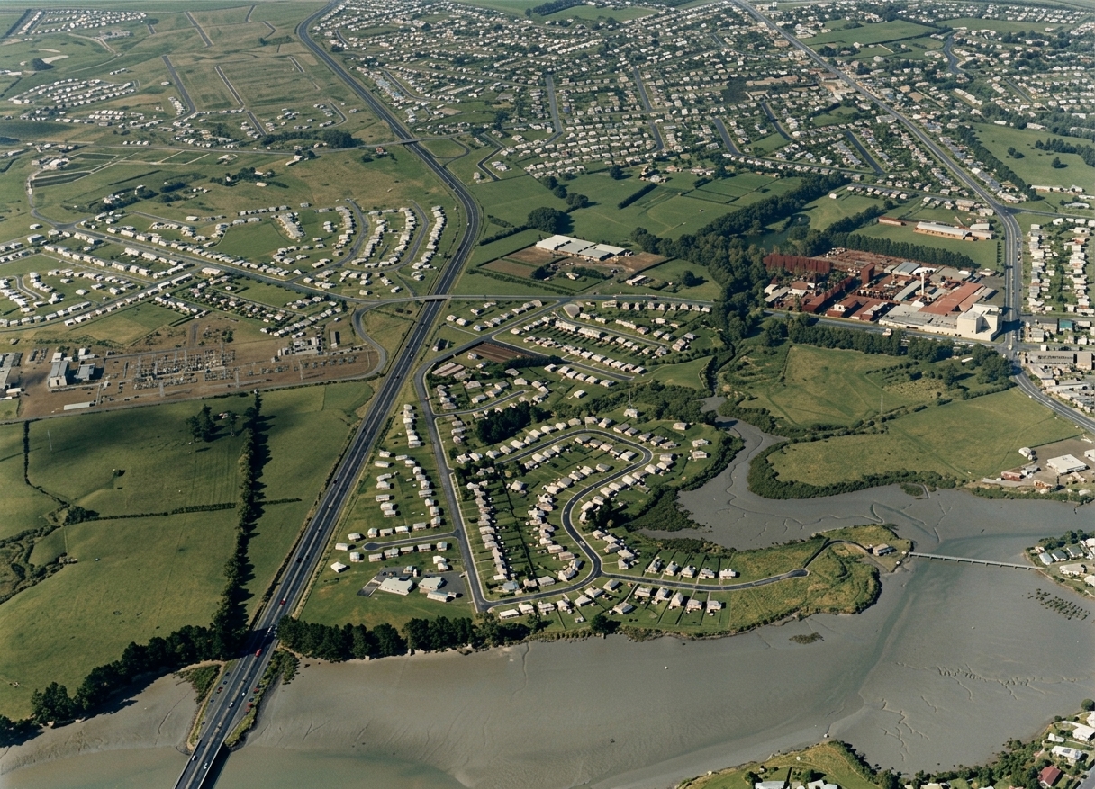AI colourised photograph: Ministry of Works, Housing Division, Block 1, Otara, Manukau