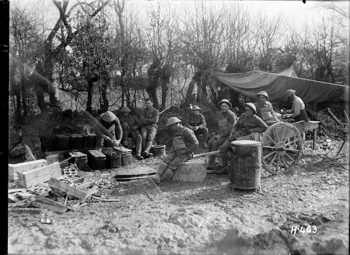 Original photograph: Maori Pioneers await their evening meal on the Somme