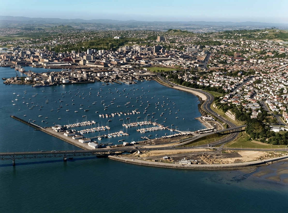 AI colourised photograph: Auckland, including southern end of Harbour Bridge, Westhaven Marina, and St Marys Bay